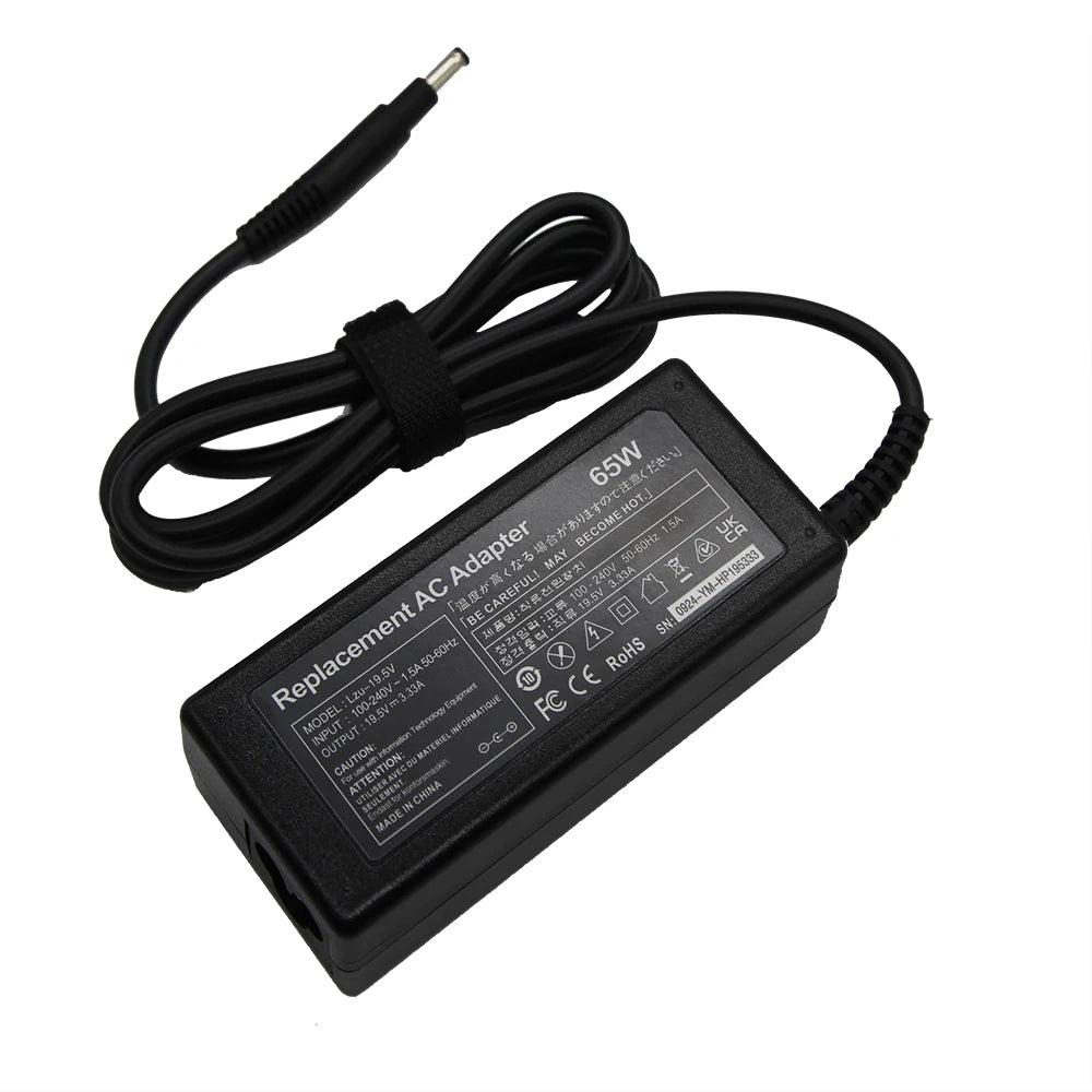 Black replacement AC adapter cable and power brick for a 65W laptop.