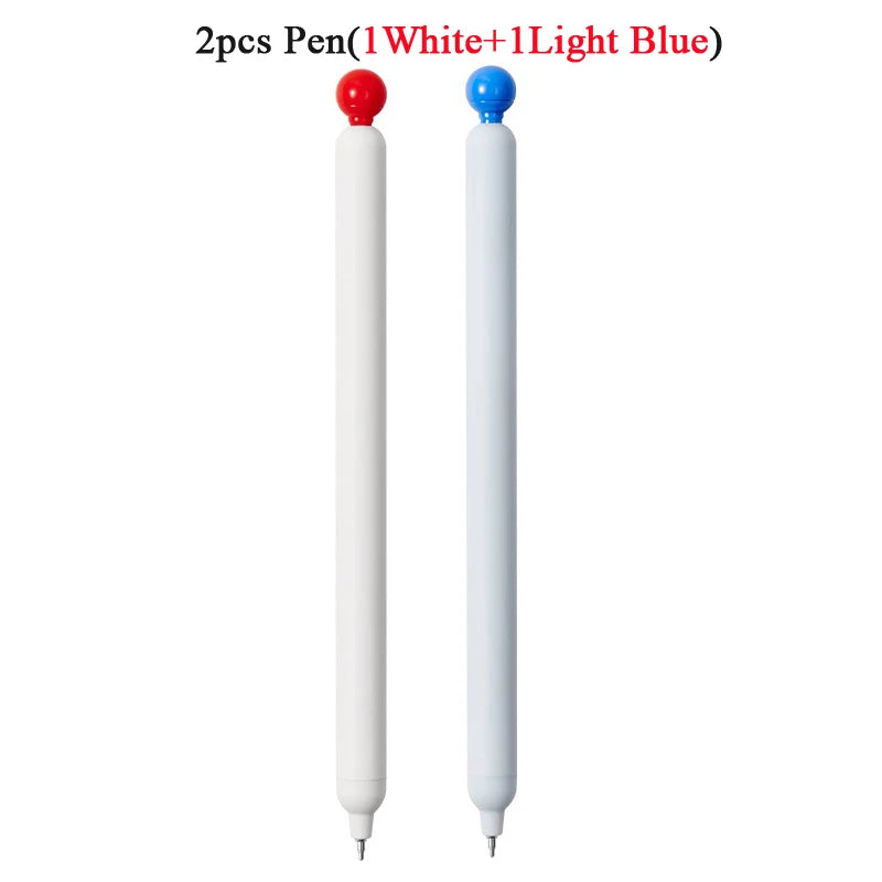 Two pens are shown, one white and one light blue, with smooth gel tips.
