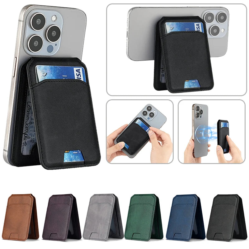 Divers étuis à portefeuille en cuir magnétique, dans différentes couleurs et angles pour iPhone.