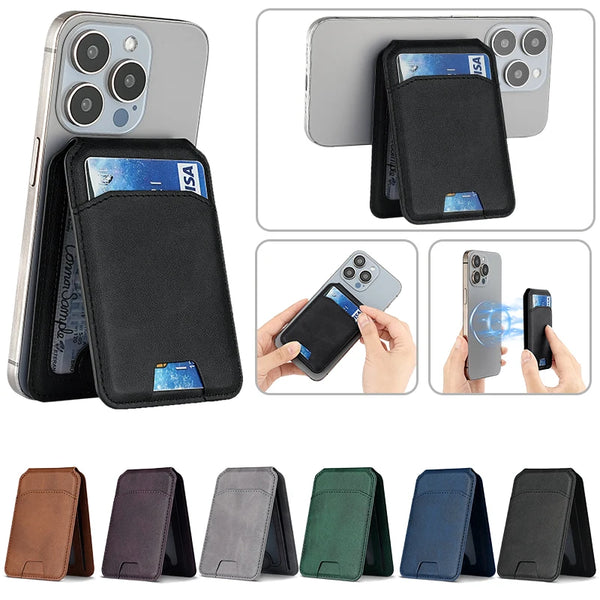Verschiedene magnetische Leder-Wallet-Hüllen in verschiedenen Farben und Winkeln für ein iPhone.