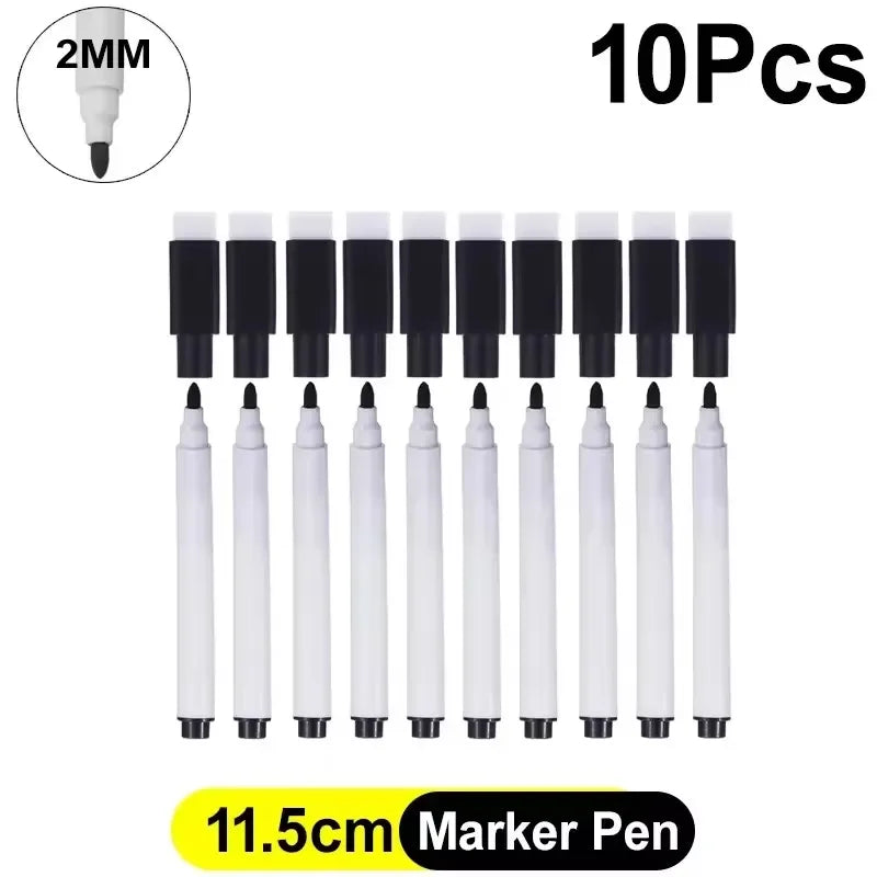 A set of ten marker pens with felt erasers shown next to a 2mm measuring tool.