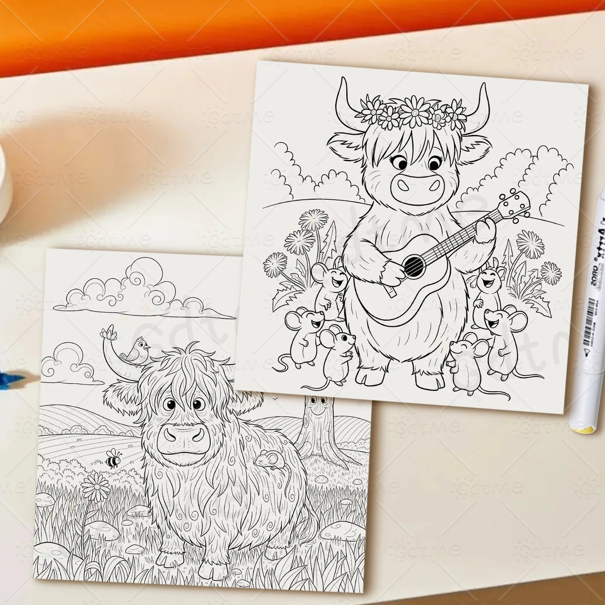 Black and white line art illustrations of cows and lambs for an adult coloring book