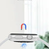 A white magnetic wireless charger is shown with a charging cable, demonstrating a one-touch magnetic contact method.