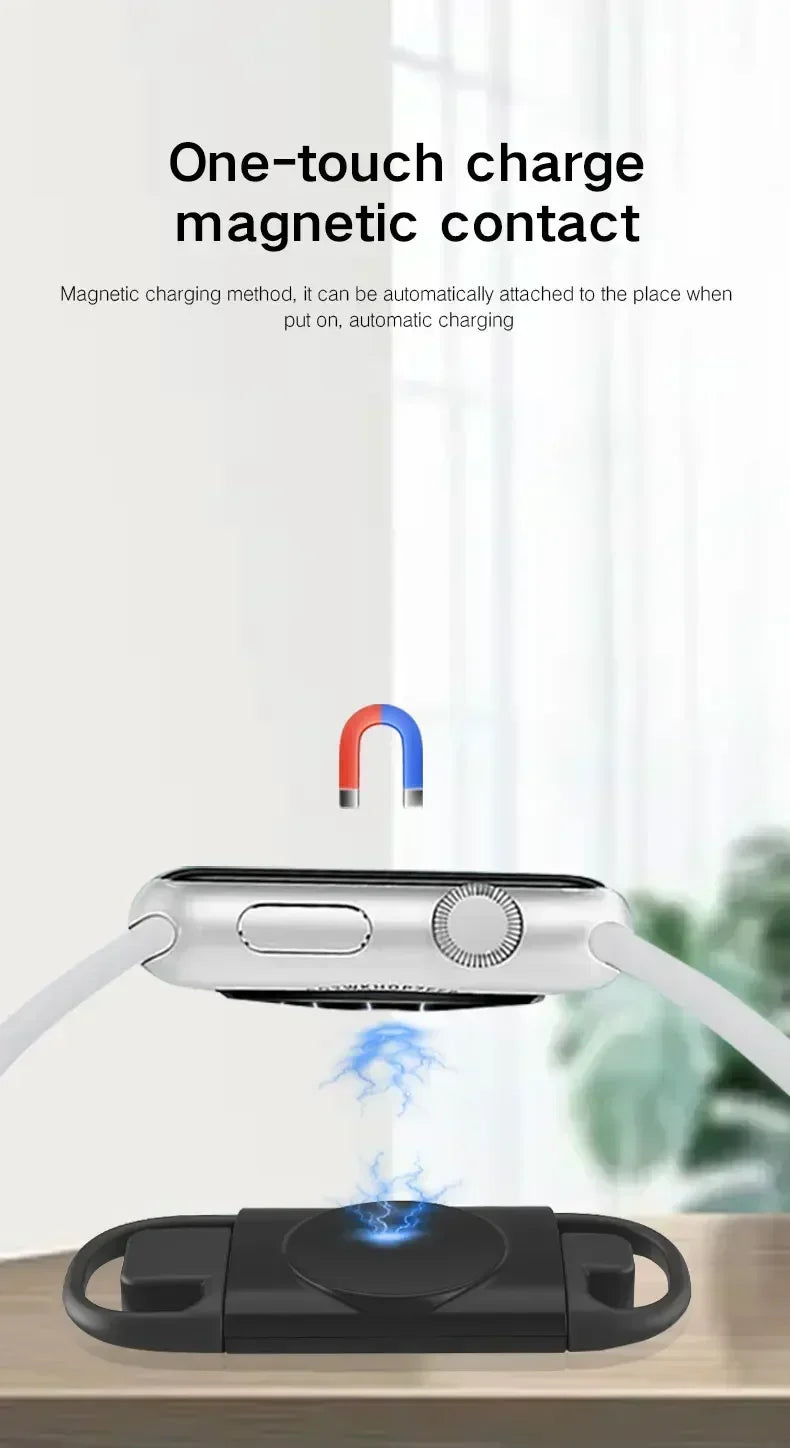 A white magnetic wireless charger is shown with a charging cable, demonstrating a one-touch magnetic contact method.