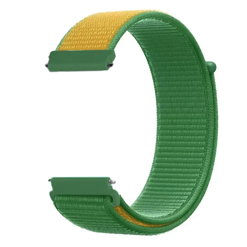 A green and yellow nylon loop watch strap for a kids' watch.