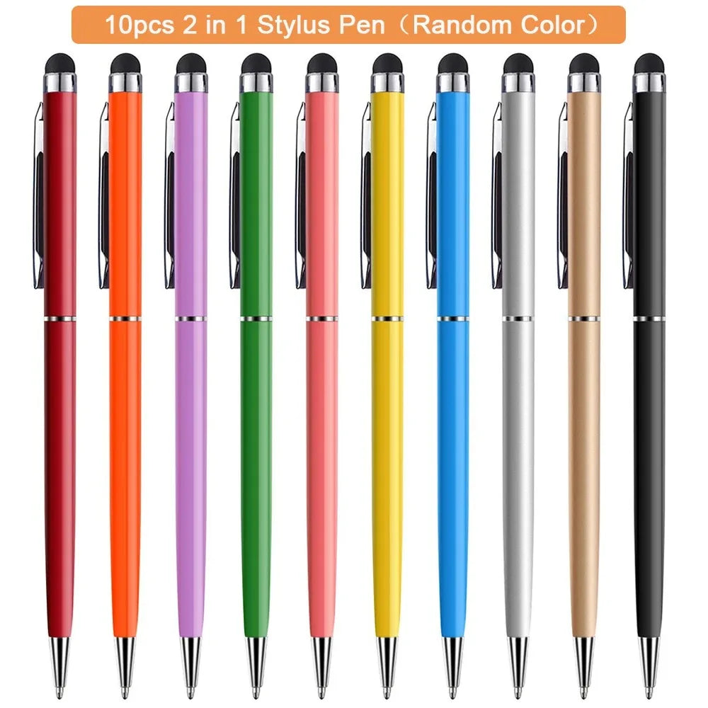 A set of ten precision universal touch stylus pens in various random colors displayed vertically.