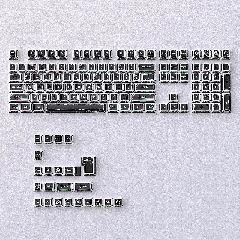 A full set of translucent PBT keycaps with side-printed legends in a cherry profile layout.