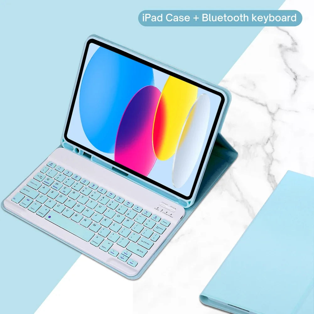 A light blue iPad case with a Bluetooth keyboard attached, shown on a white marble surface.