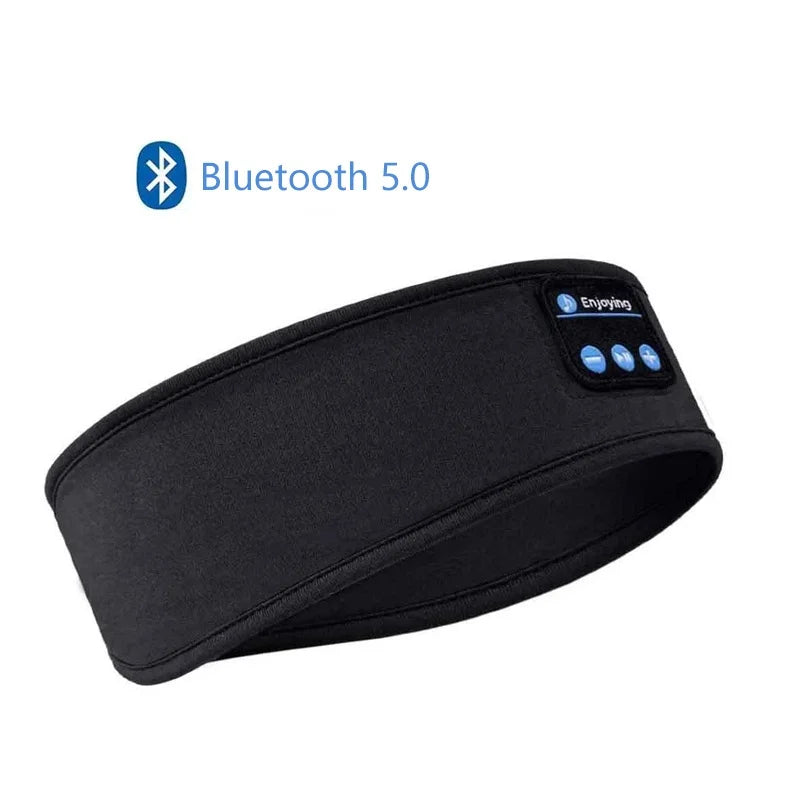 Black wireless sports and sleep headband earphones with a Bluetooth 5.0 connection.