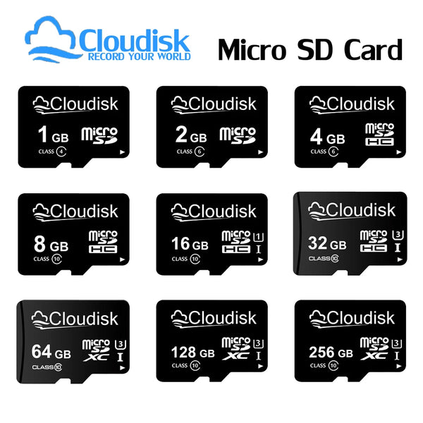 Collection de cartes Micro SD Cloudisk avec diverses capacités de stockage (1GB à 128GB).