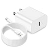 كابل شحن فاست USB-C أبيض ملفوف بجانب محول شحن مستطيل أبيض.