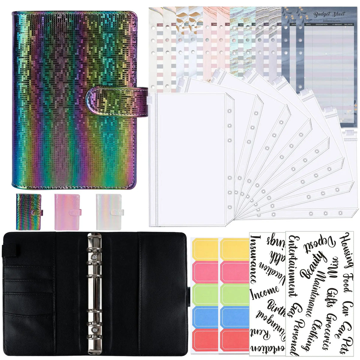 Un set de feuilles de planification budgétaire et d'organisation de liquide A6 de différentes couleurs et un portefeuille en 