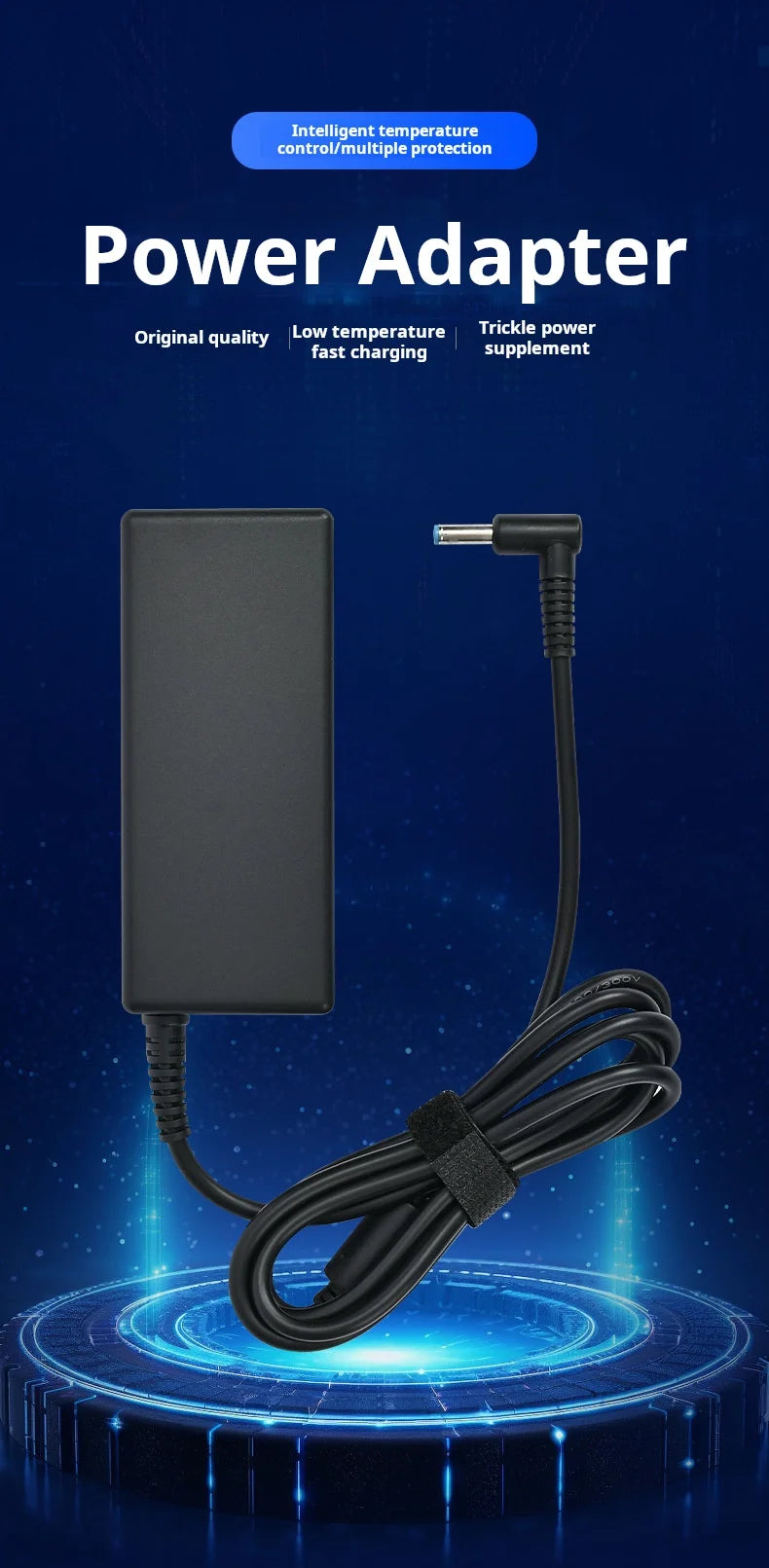 A black universal laptop power adapter with a cable is shown against a blue, futuristic background.