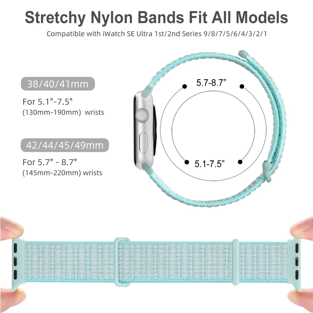 A light blue stretchy nylon watch strap is shown next to a hand, demonstrating its fit and material.