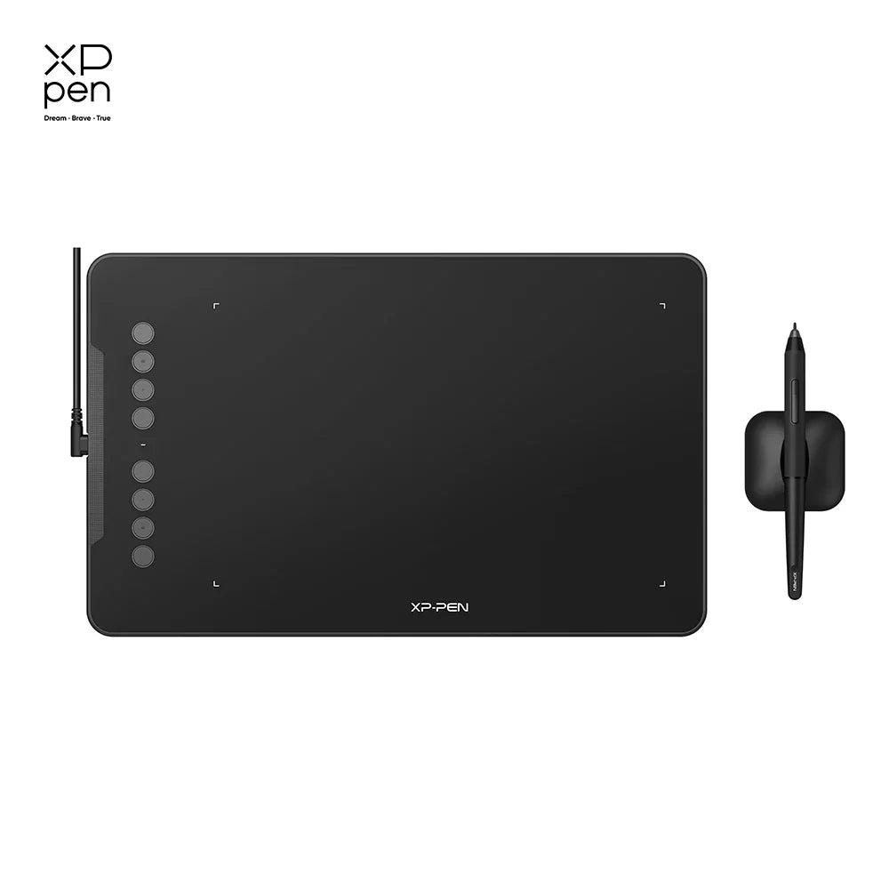 A black XP-Pen drawing tablet with a stylus and charging cable shown against a white background.