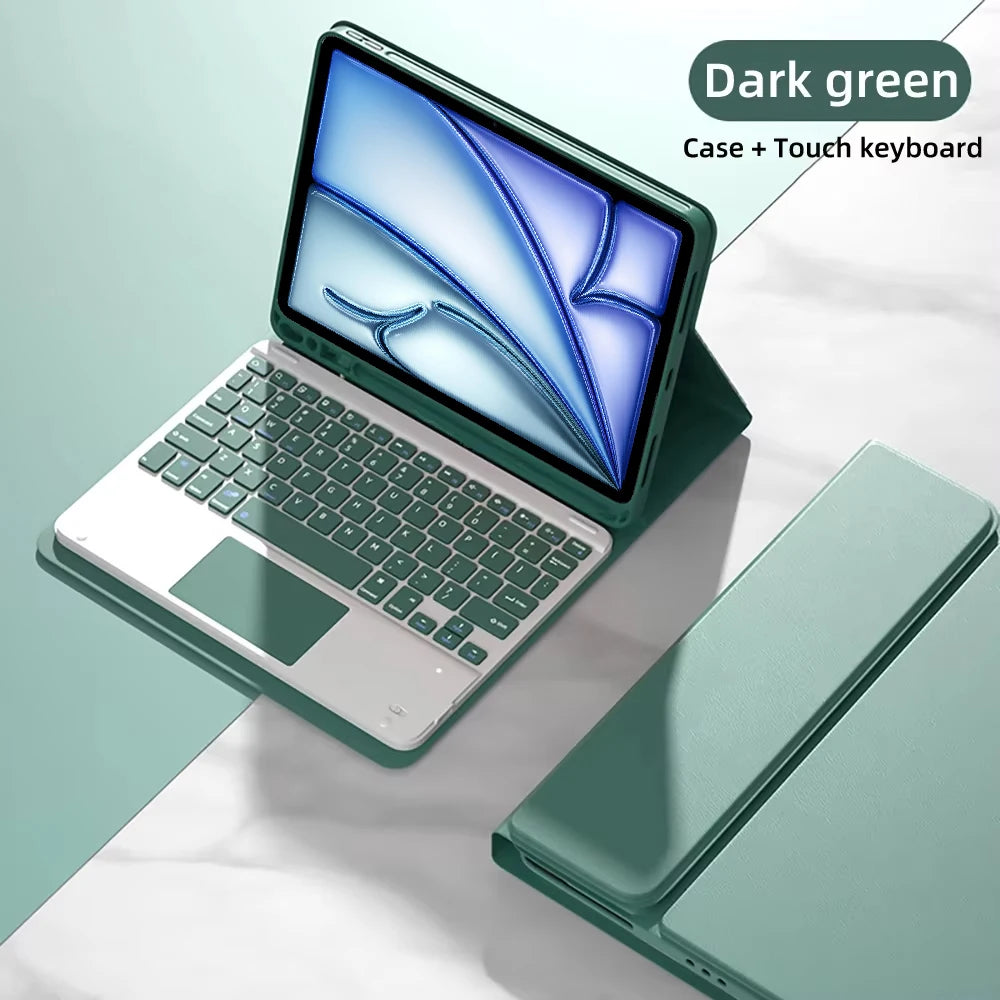 Estuche desmontable de teclado verde oscuro para iPad, mostrando la tableta y el teclado separado.