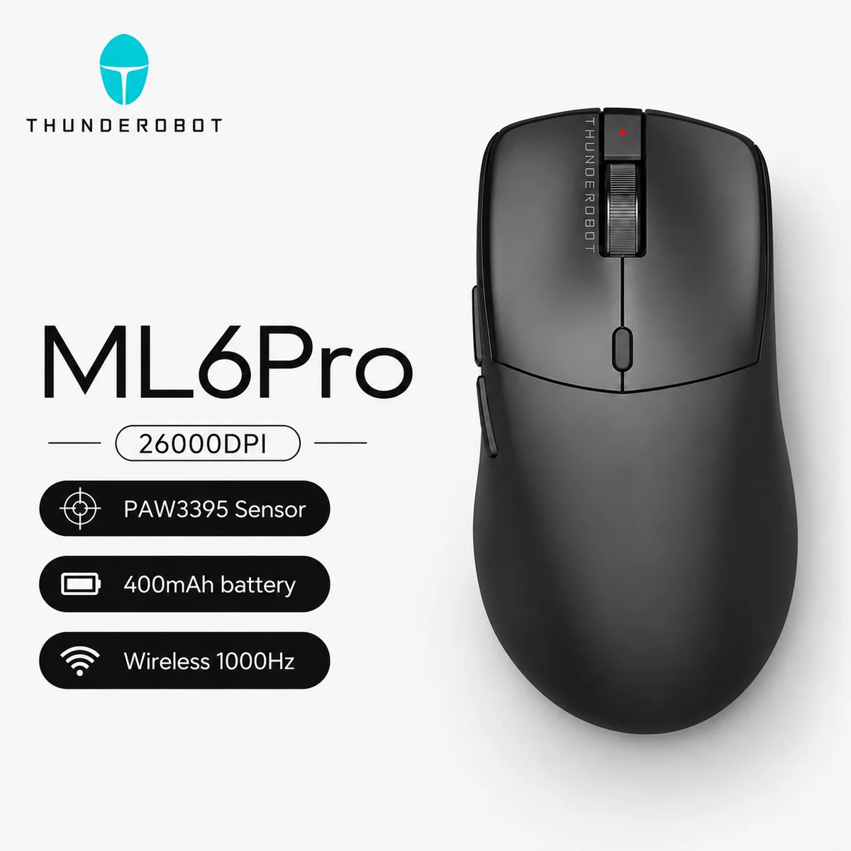 Schwarze ML6Pro kabellose Gaming-Maus mit rotem Schalter und technischen Spezifikationen darunter.