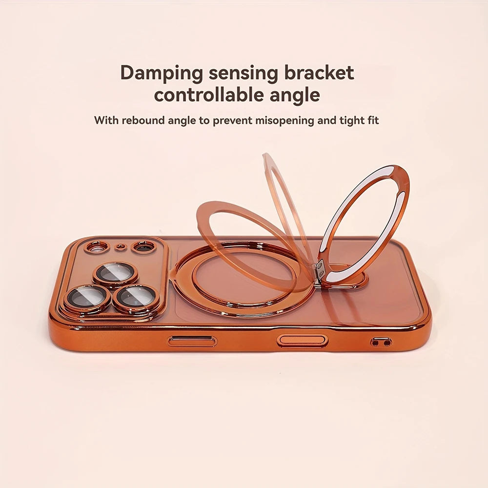 An orange magnetic phone case with a stand featuring a damping sensing bracket and controllable angle.