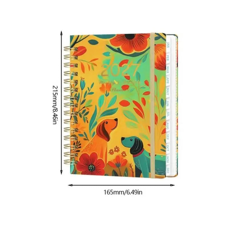 A5 spiral bound planner featuring an orange and green floral design with monthly tabs.