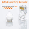 Conector RJ45 de plástico transparente con pines dorados y diagrama que muestra el diámetro máximo del cable de 1.0mm.