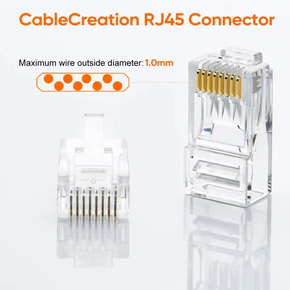 Conector RJ45 de plástico transparente con pines dorados y diagrama que muestra el diámetro máximo del cable de 1.0mm.