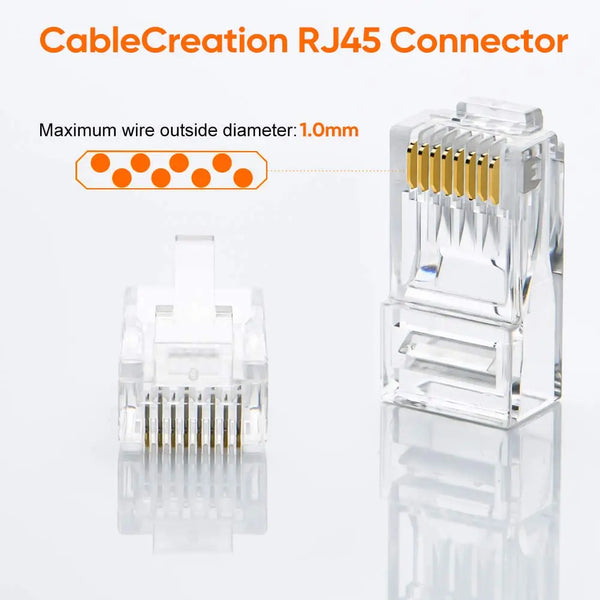 A clear plastic CableCreation RJ45 connector with gold pins and a diagram showing the maximum wire outside diameter of 1.0mm.