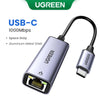 A silver UGREEN USB-C to Ethernet adapter with an aluminum metal shell and a black cable.