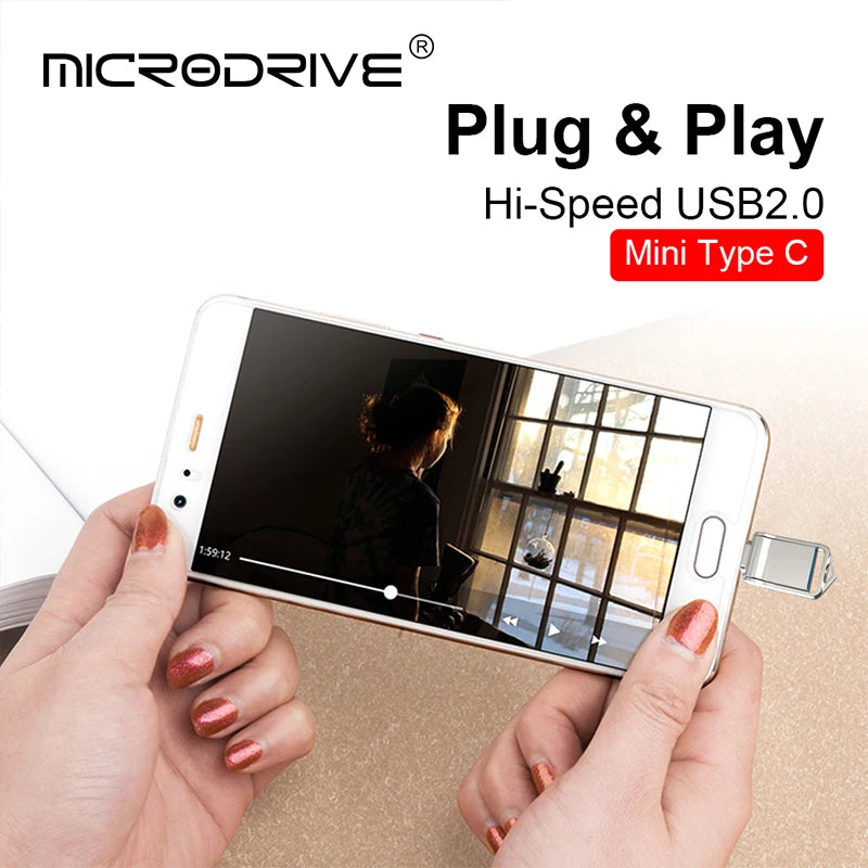 A hand holds a smartphone, demonstrating a Plug & Play Hi-Speed USB 2.0 Mini Type C flash drive connection.