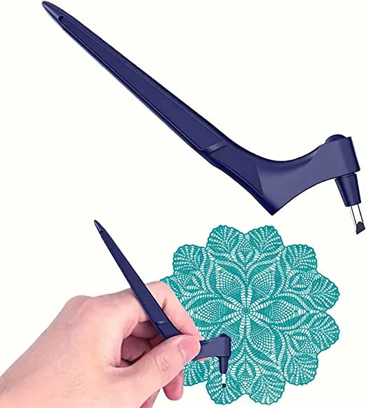 A hand holds a purple art cutting tool with a green mesh pattern, demonstrating its use.