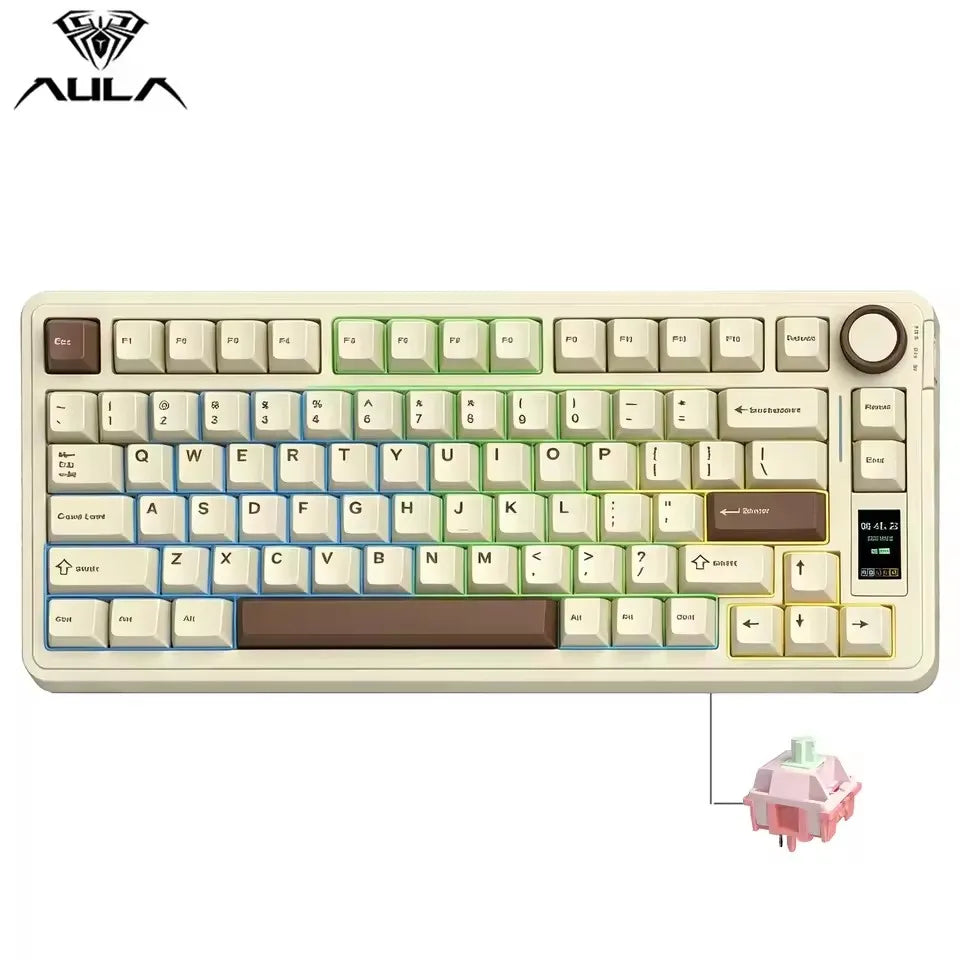 A white mechanical gaming keyboard with a brown keycap and an LED screen is shown.