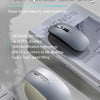 A silver wireless computer mouse is shown next to a book, with text promoting beauty and material.