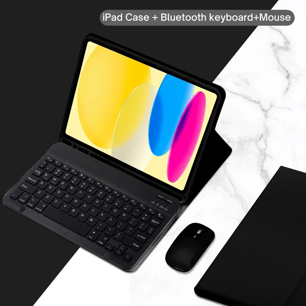 A black iPad case with a Bluetooth keyboard and mouse included, shown open on a white marble surface.