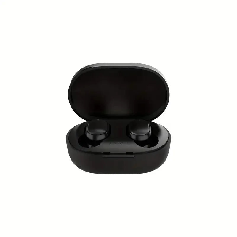Auriculares inalámbricos Bluetooth negros en su estuche de carga.