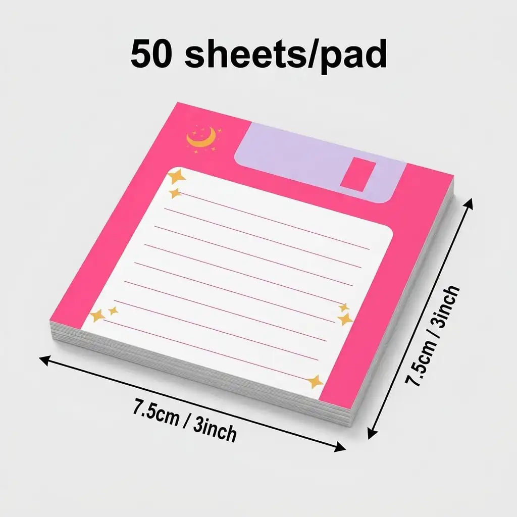 A pad of 50 sheets of sticky notes with a cosmic moon theme, featuring pink and purple colors.
