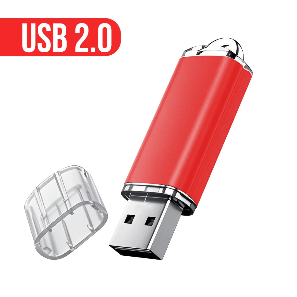 A red metal USB 2.0 flash drive with a silver connector and housing.