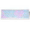 A white mechanical keyboard with RGB backlighting showing a full QWERTY layout of keys.