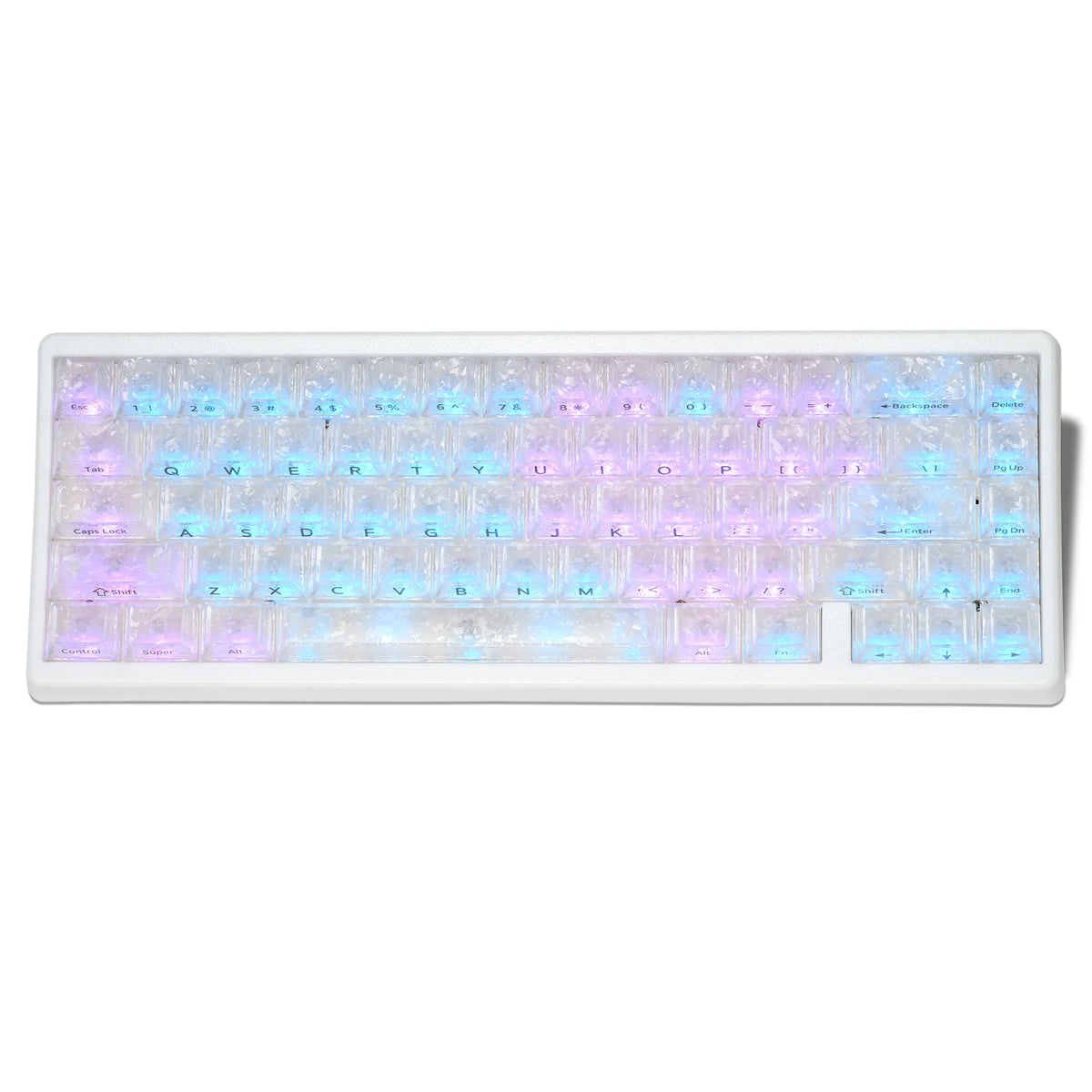 A white mechanical keyboard with RGB backlighting showing a full QWERTY layout of keys.