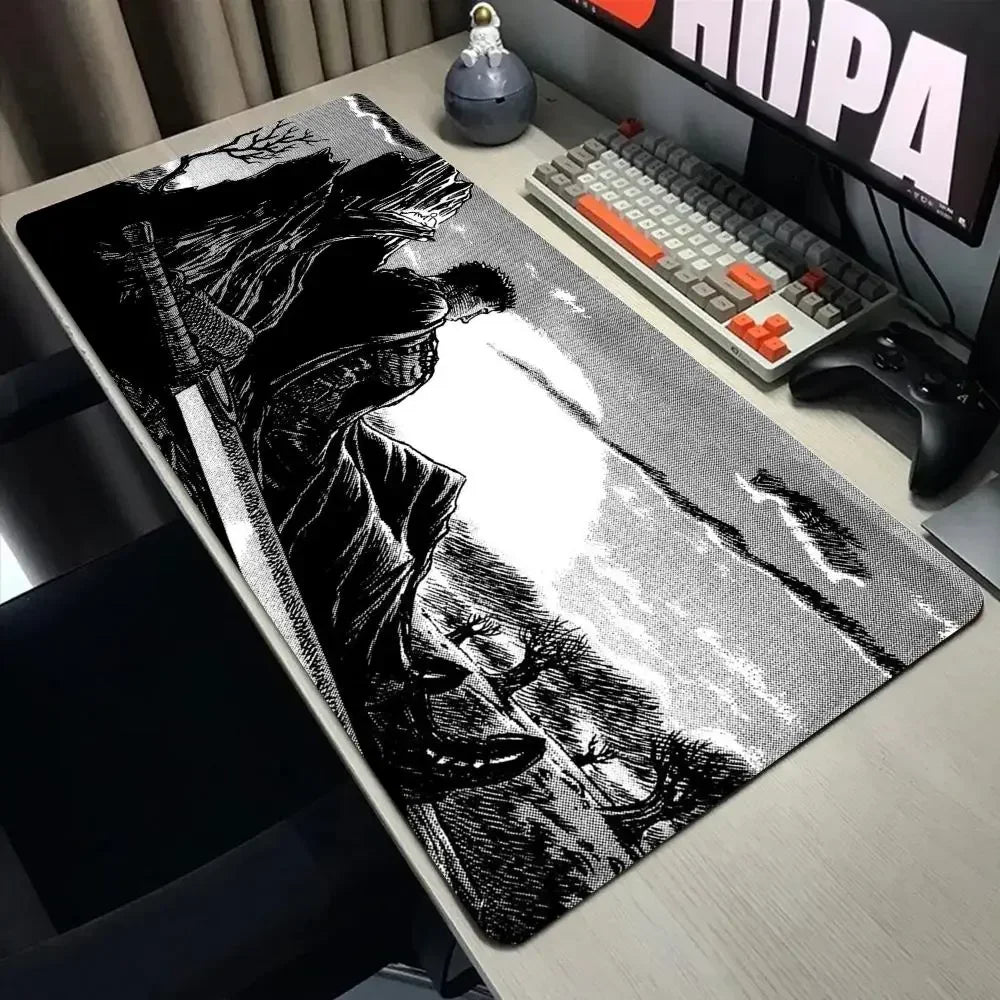 A large black and white anime design mouse pad featuring a fierce warrior figure on a gaming desk.