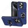 A blue magnetic ring kickstand phone case shown in multiple views.