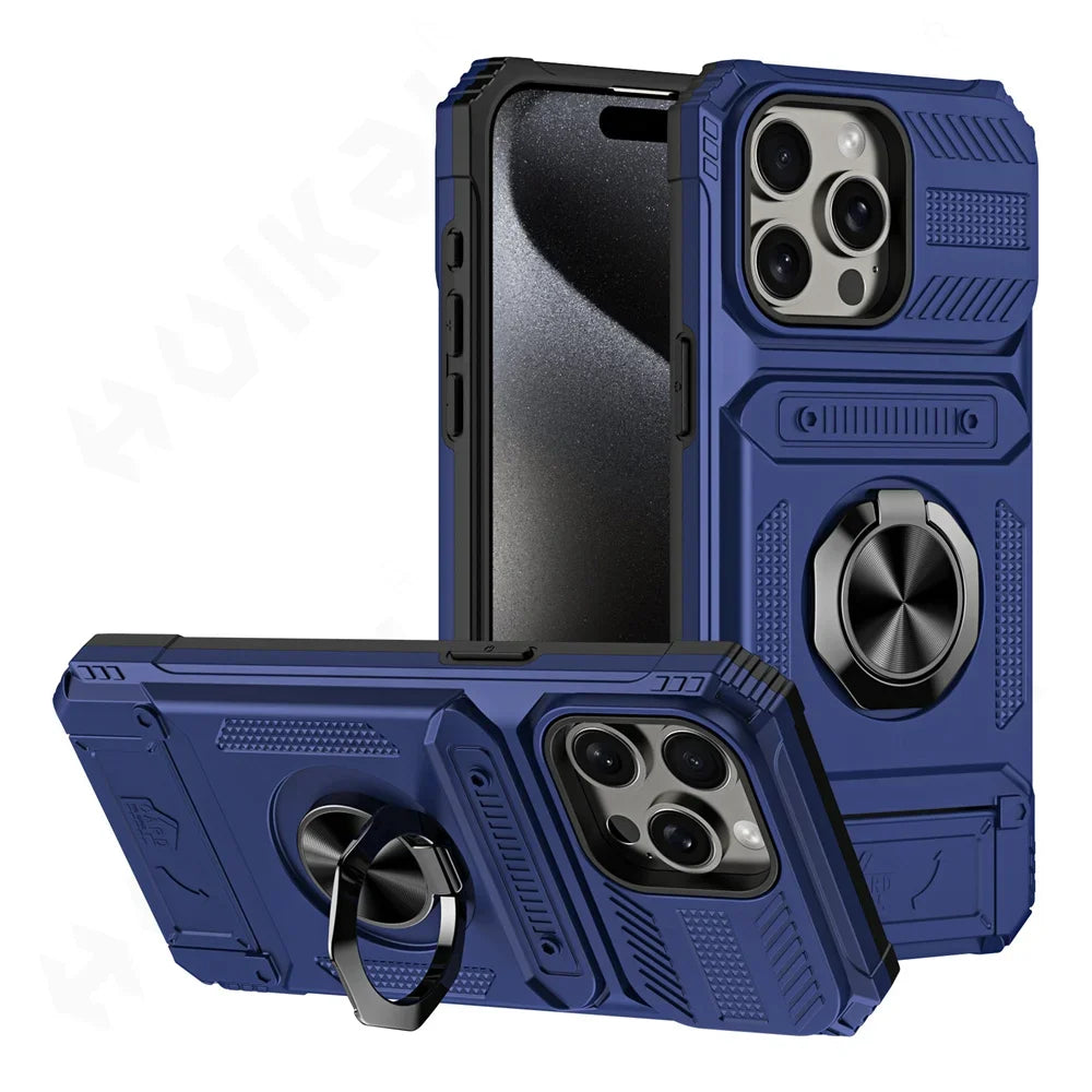 A blue magnetic ring kickstand phone case shown in multiple views.
