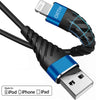 A black and blue charging cable with an Oiith connector for iPod, iPhone, and iPad devices.
