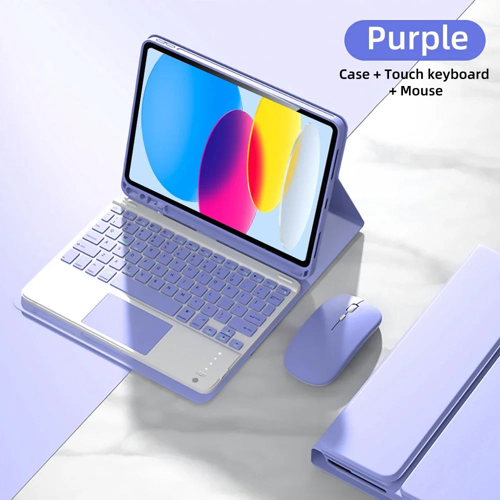 Purple Bluetooth keyboard case for iPad 10th Gen with a touch keyboard and mouse.