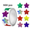 Ein Rollen mit 500 Glitzerstern-Sticker-Aufklebern in verschiedenen Farben, darunter grün, lila, rot und gelb.