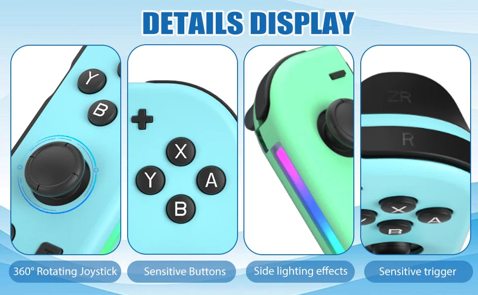 Display of an RGB wireless joy-con controller pair showing rotating joystick, sensitive buttons, side lighting effects, and a