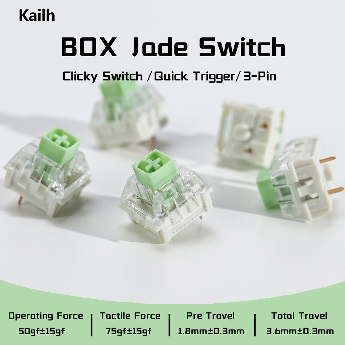 A set of green and white BOX Jade Switch clicky switches shown with operating force and travel specifications.