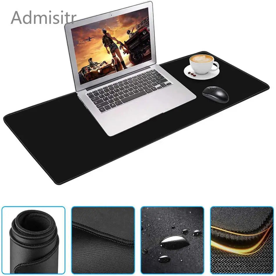 A black mouse pad with a leather-like texture is shown next to a laptop and a mouse.