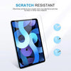 A clear tempered glass screen protector is shown on an iPad, emphasizing scratch resistance.