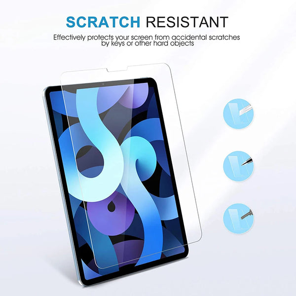 A clear tempered glass screen protector is shown on an iPad, emphasizing scratch resistance.