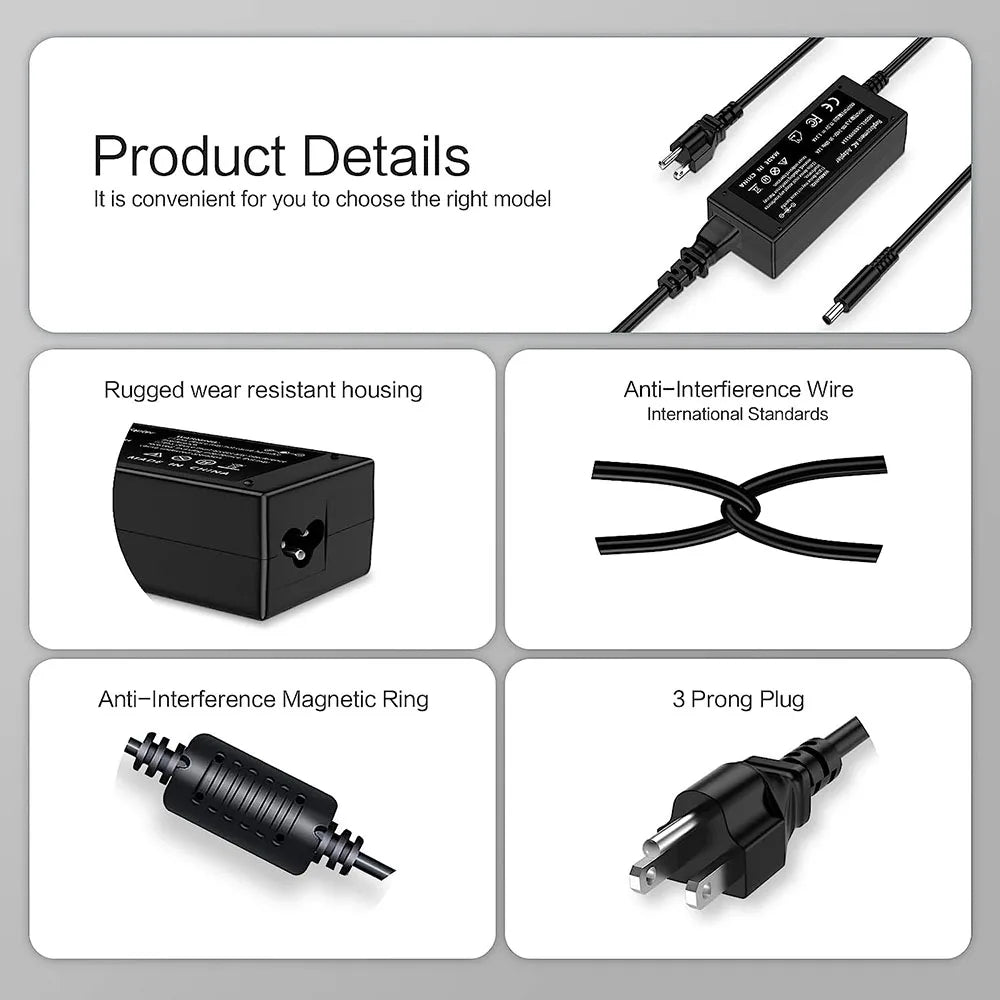 A set of black universal laptop power adapters and accessories including a rugged housing, anti-interference wire, and magnet