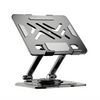 A silver adjustable dual rod tablet and phone stand with a modern, geometric design.